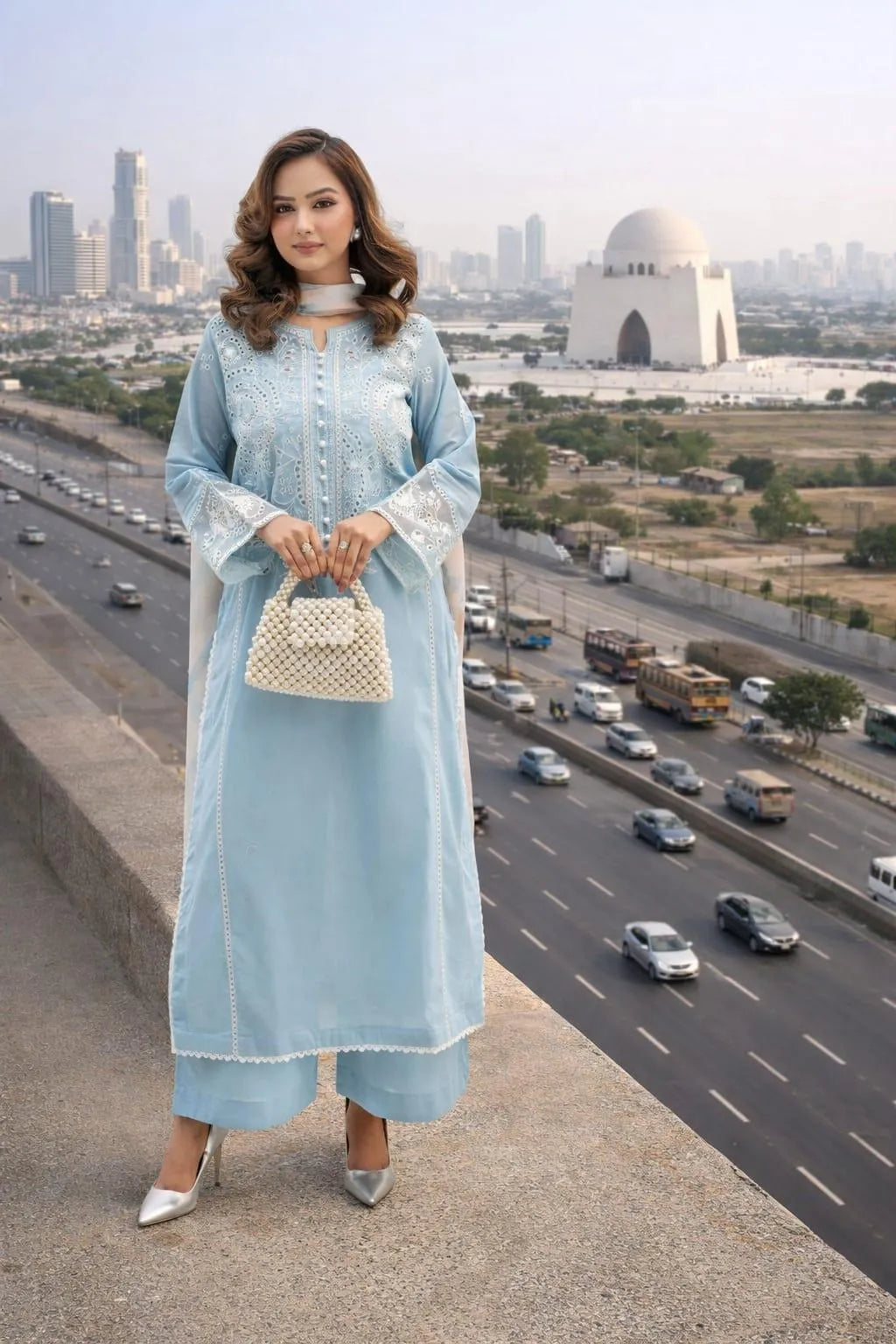 Light Blue Embroidered Kurta Set 3 Pcs Women
