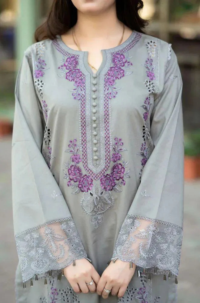 Grey Embroidered 3Pcs Lawn Suit with Chikenkari Dupatta
