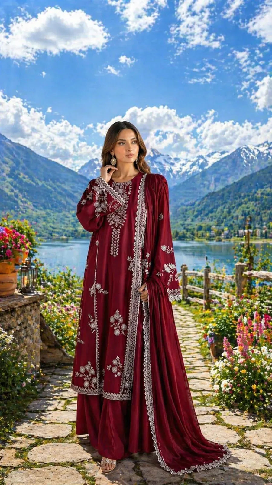 Maroon Embroidered Lawn 2Pcs Set for Women