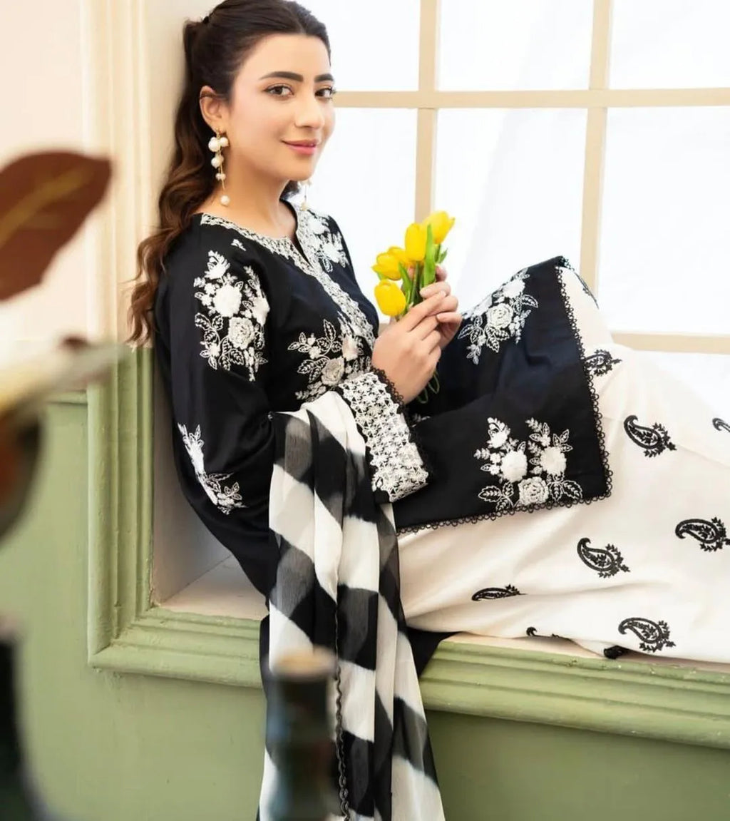Black Embroidered 3-Piece Lawn Suit with Printed Shawl