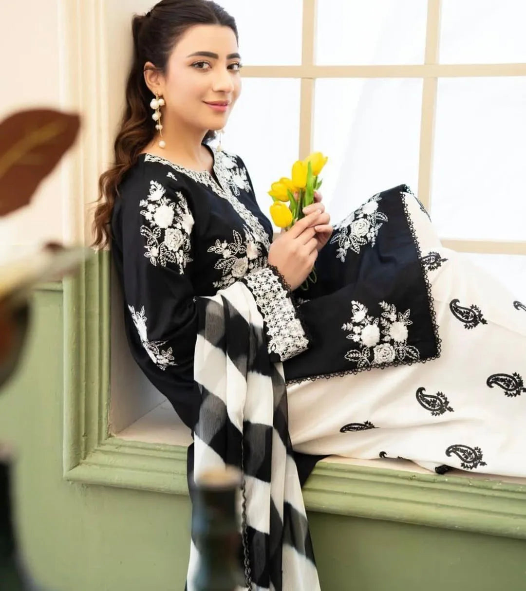 Black Embroidered 3-Piece Lawn Suit with Printed Shawl
