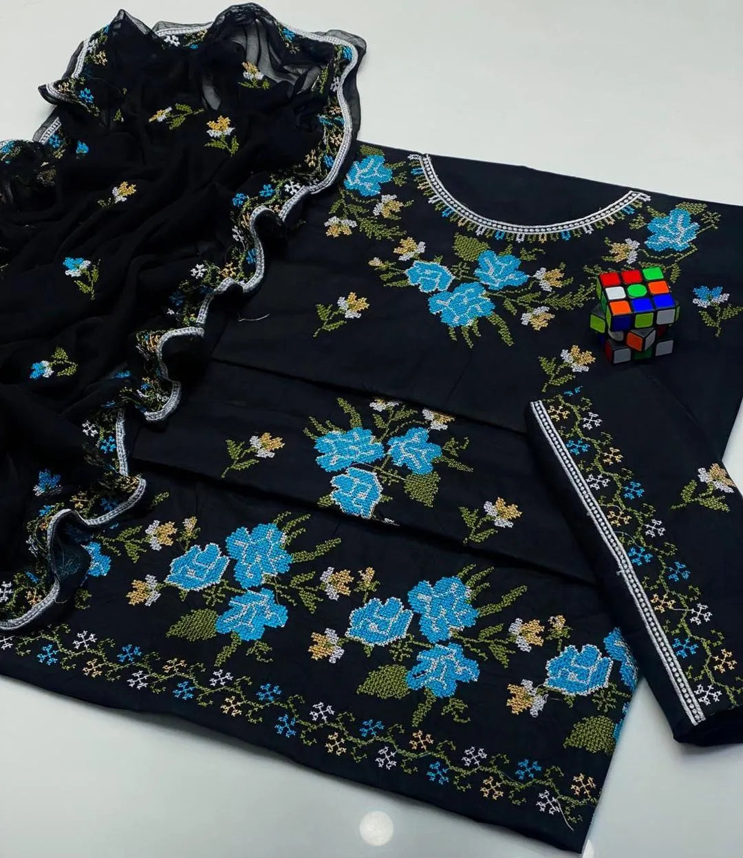 Black Embroidered 3-Piece Cotton Lawn Suit