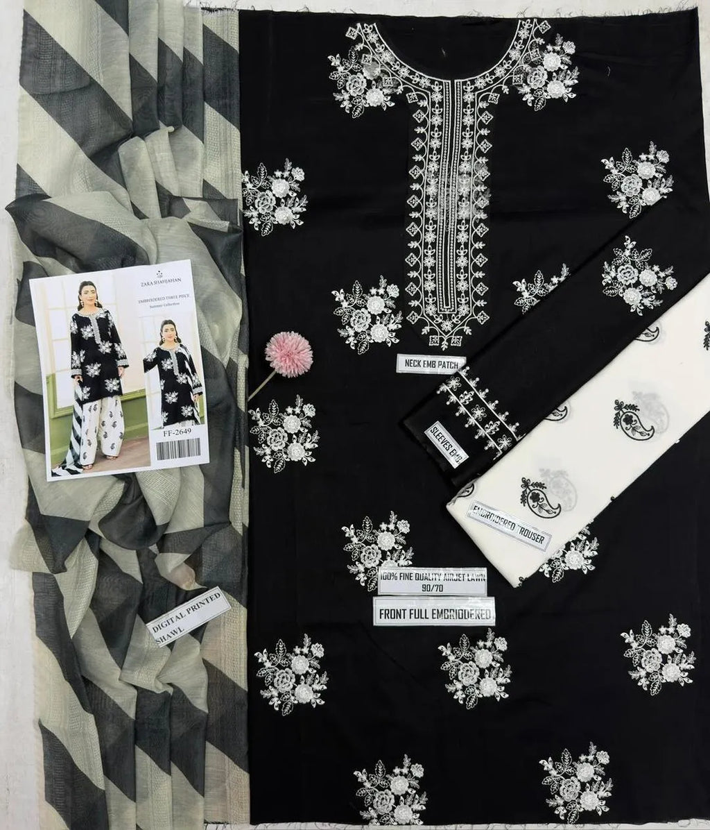 Black Embroidered 3-Piece Lawn Suit with Printed Shawl