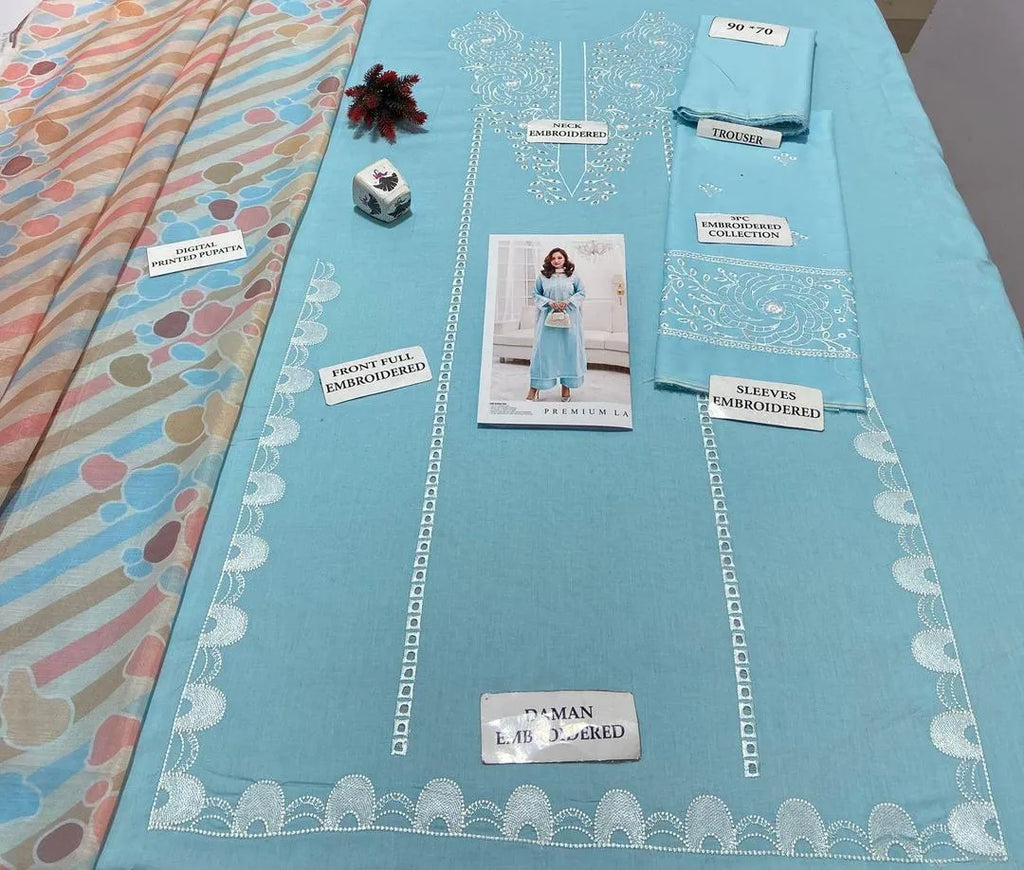 Light Blue Embroidered Kurta Set 3 Pcs Women