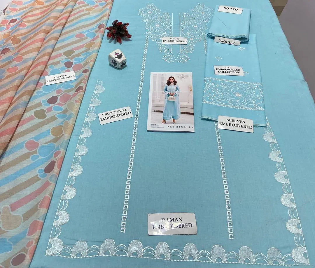 Light Blue Embroidered Kurta Set 3 Pcs Women