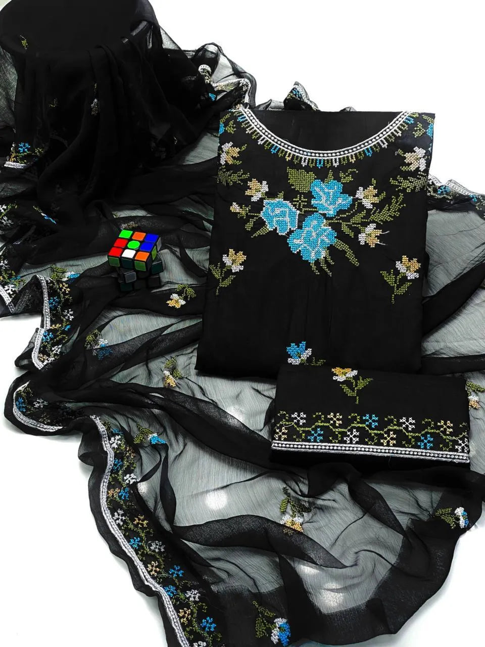 Black Embroidered 3-Piece Cotton Lawn Suit