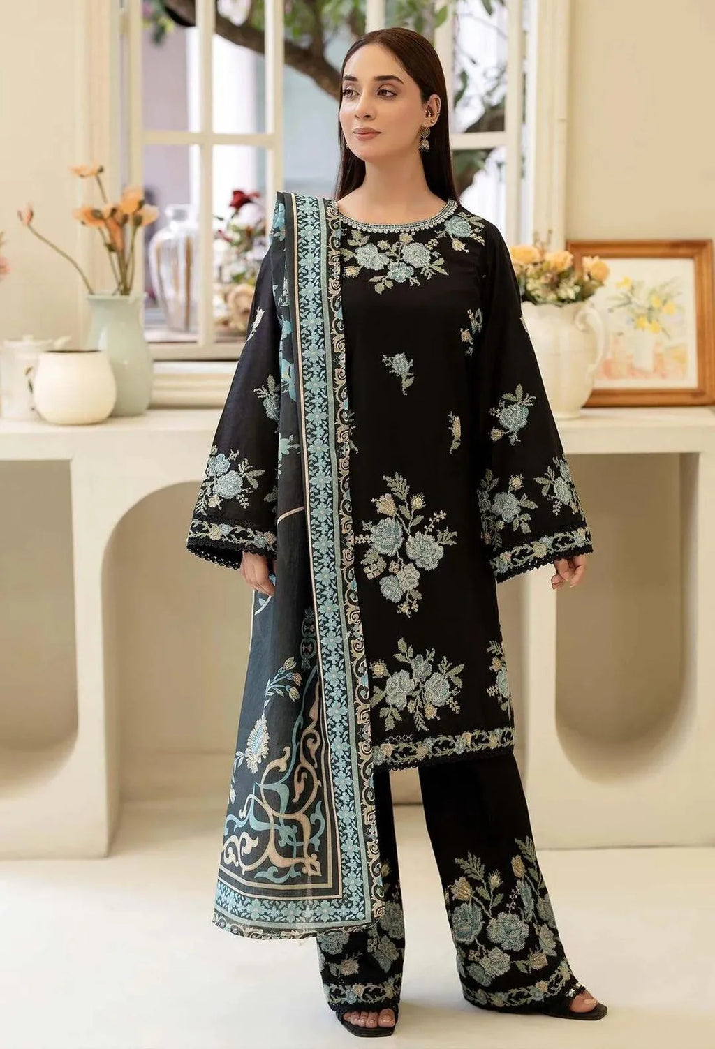 Black Embroidered 3-Piece Cotton Lawn Suit
