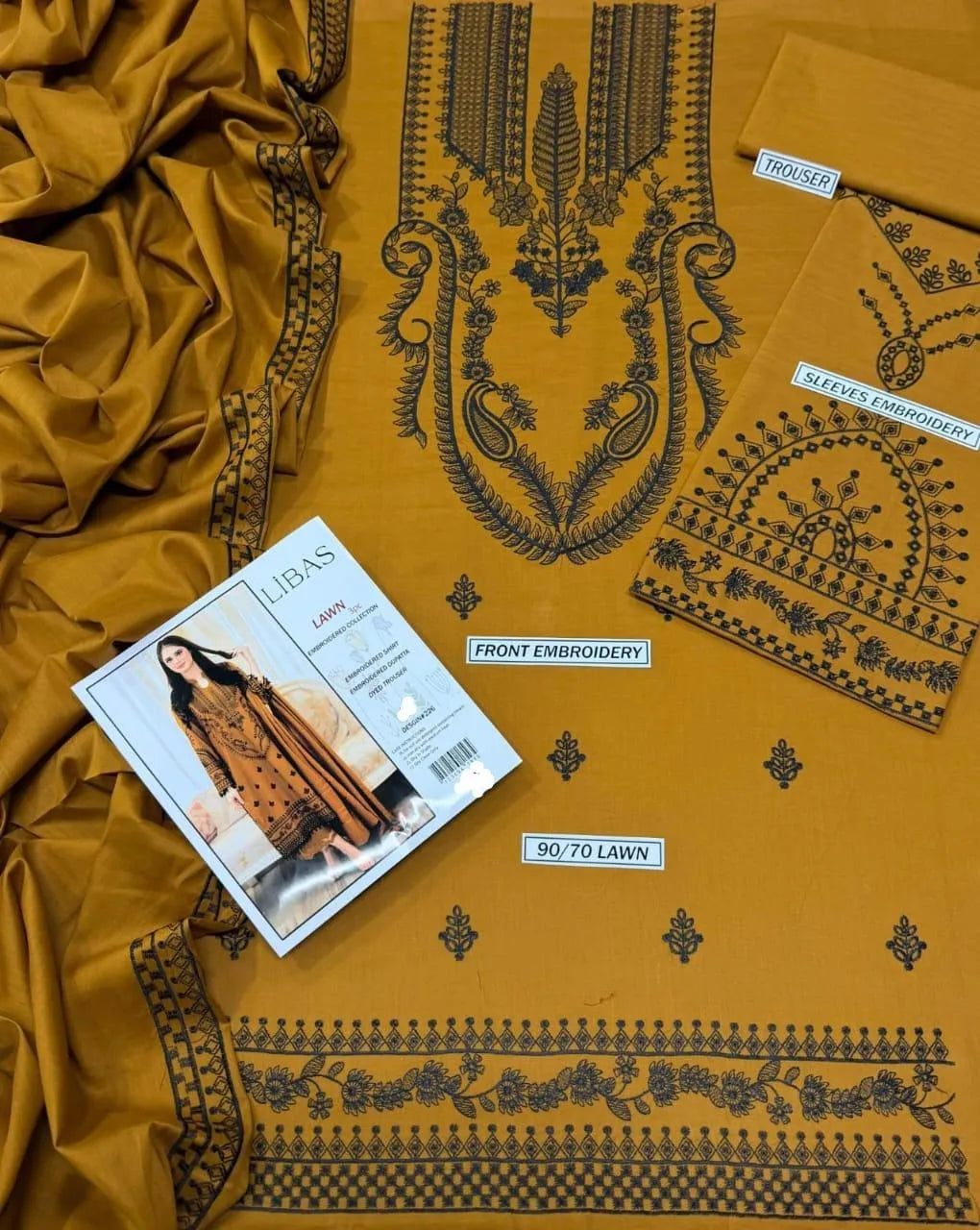 Lawn 3Pc Embroidered Mustard Suit with Digital Print Dupatta