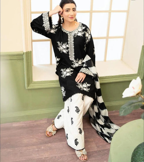 Black Embroidered 3-Piece Lawn Suit with Printed Shawl
