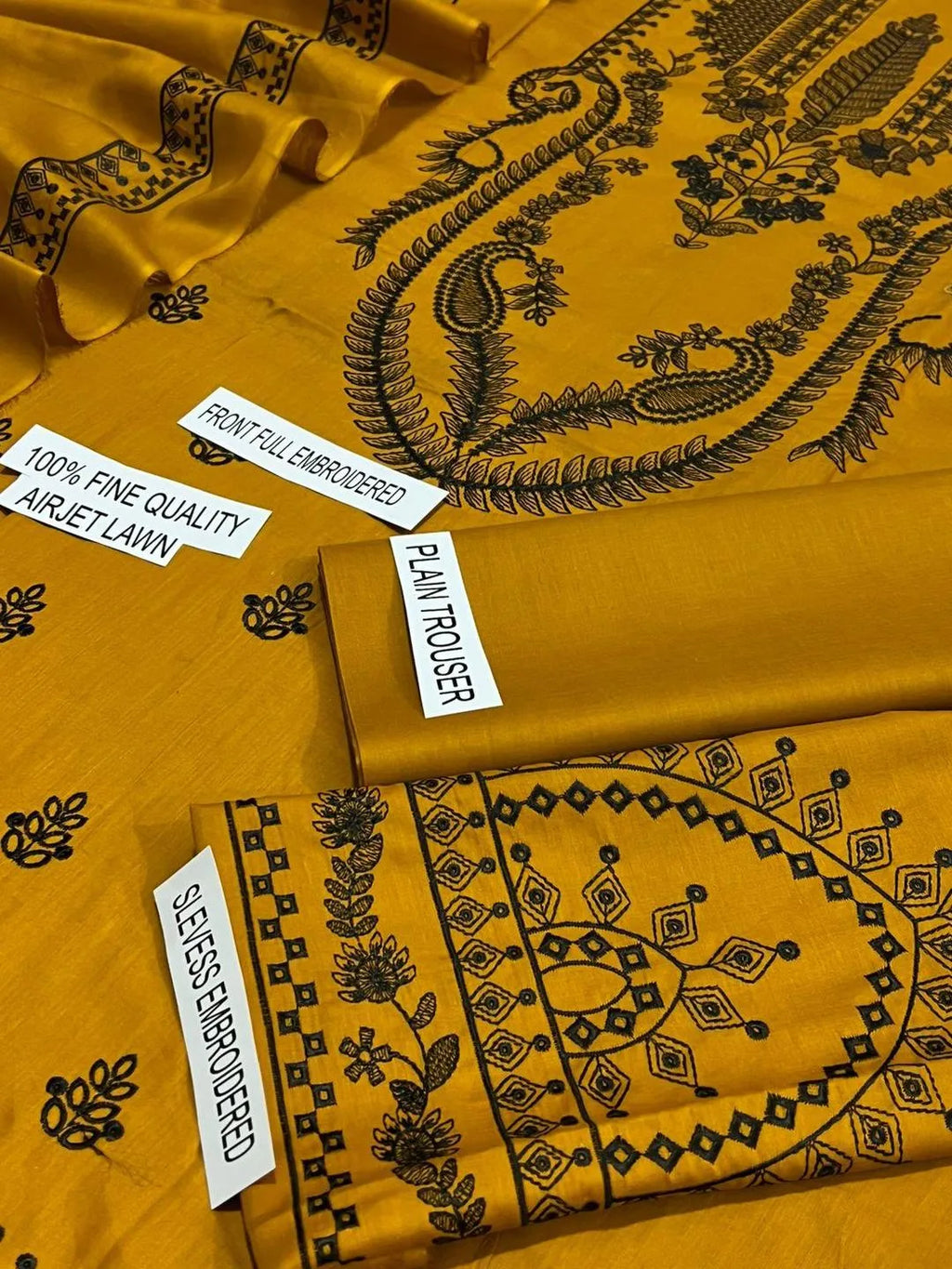 Lawn 3Pc Embroidered Mustard Suit with Digital Print Dupatta