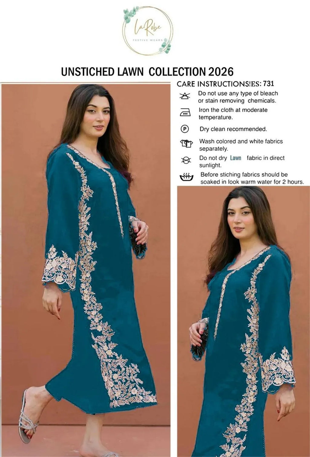 Unstitched Lawn Suit Blue Gold Embroidery