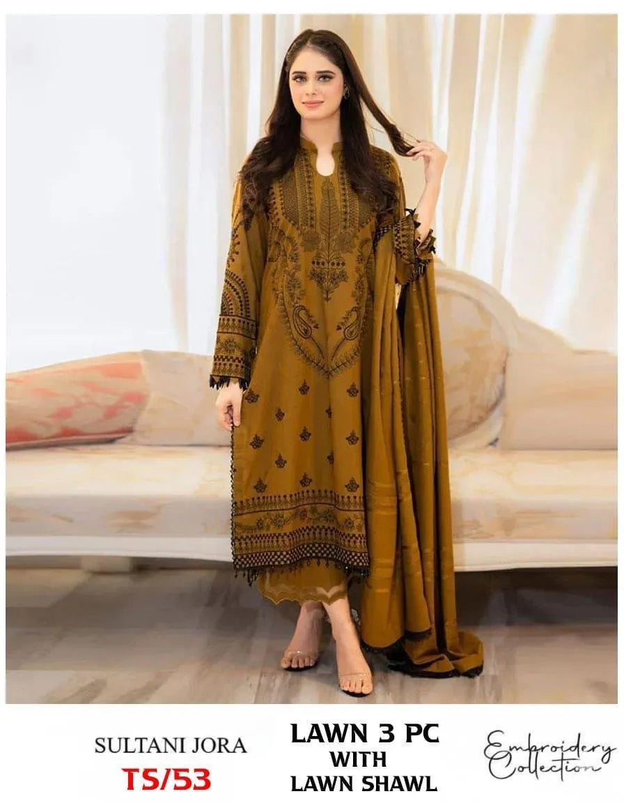 Lawn 3Pc Embroidered Mustard Suit with Digital Print Dupatta