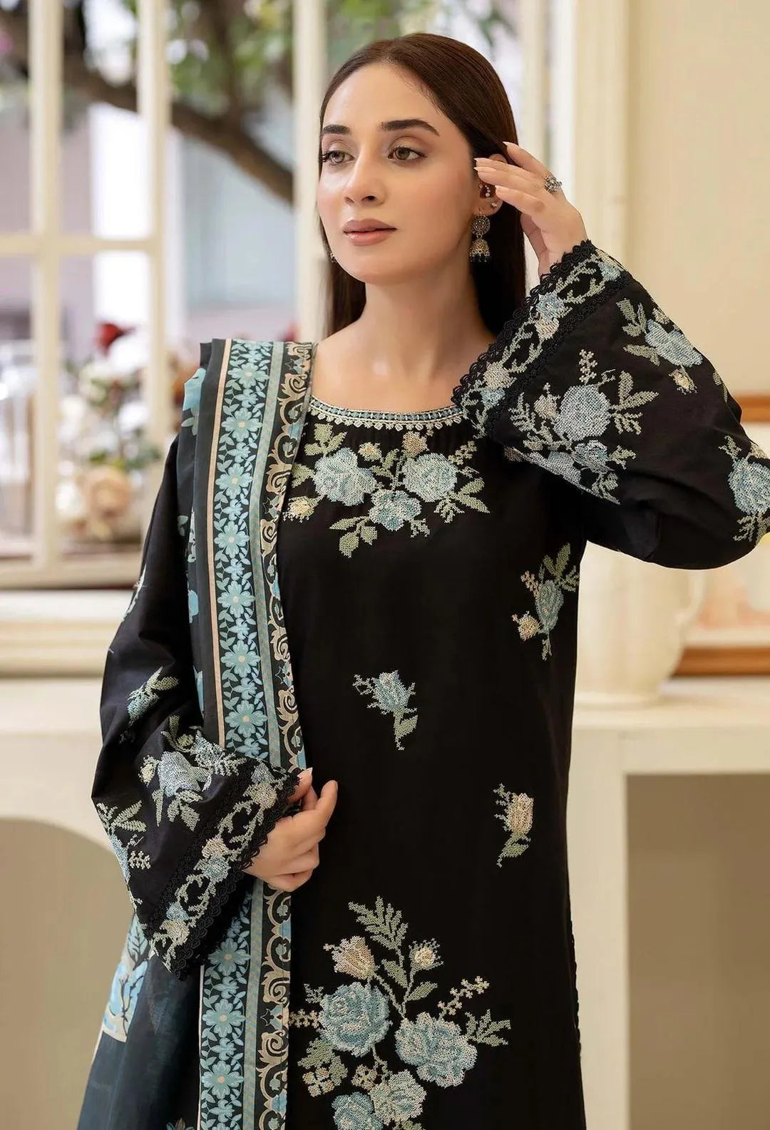 Black Embroidered 3-Piece Cotton Lawn Suit