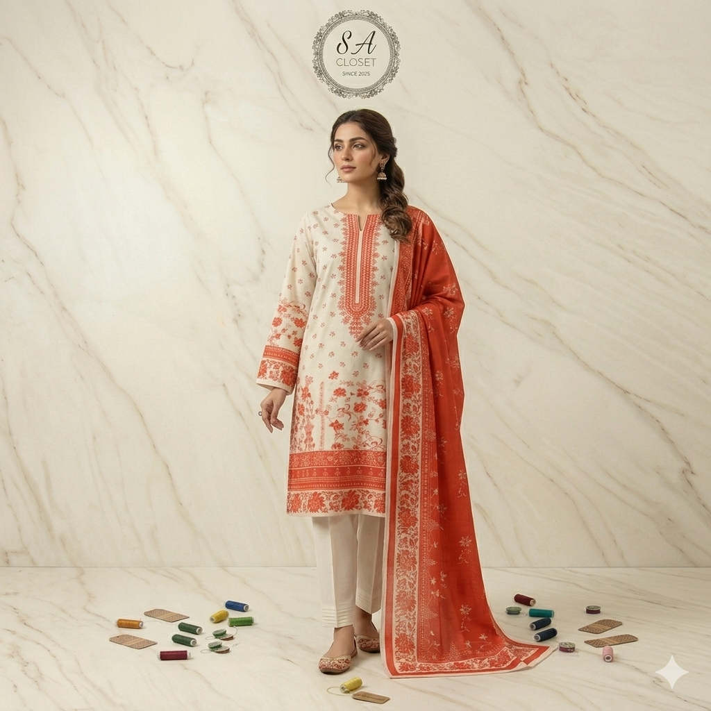 SA Closet Premium Unstitched Lawn Collection – 3 Piece Suit