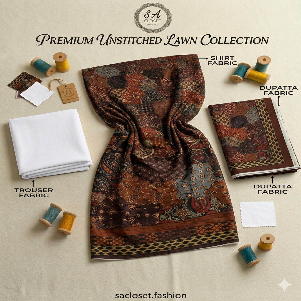 SA Closet Premium Unstitched Lawn Collection – 3 Piece Suit
