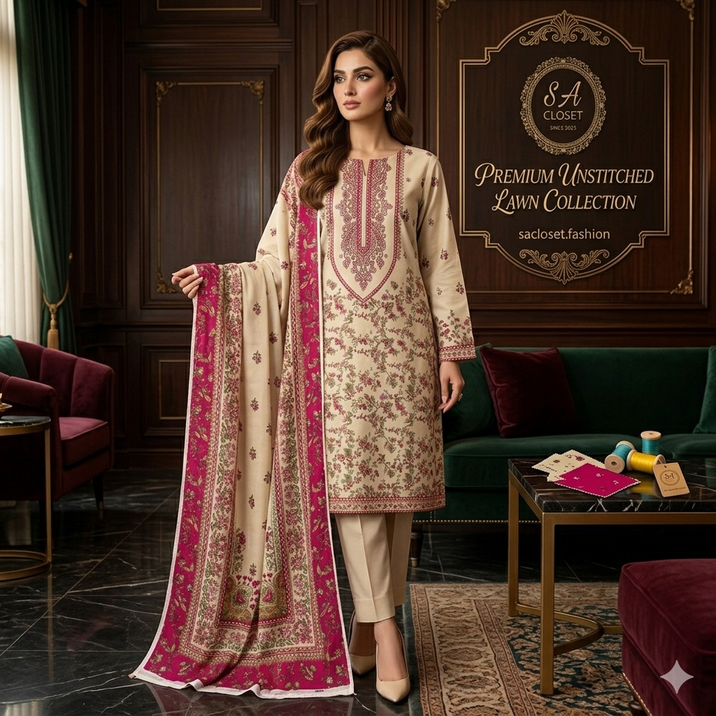 SA Closet Premium Unstitched Lawn Collection – 3 Piece Suit