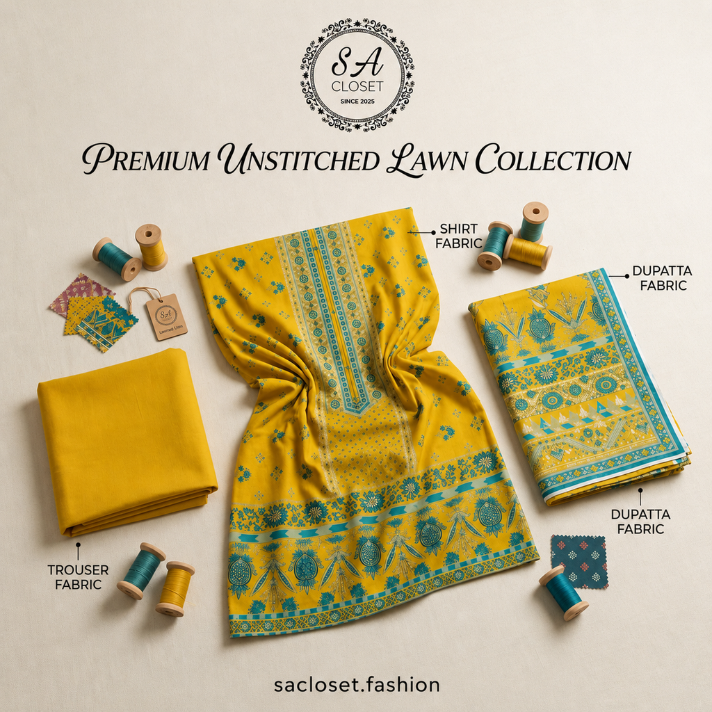 SA Closet Premium Unstitched Lawn Collection – 3 Piece Suit