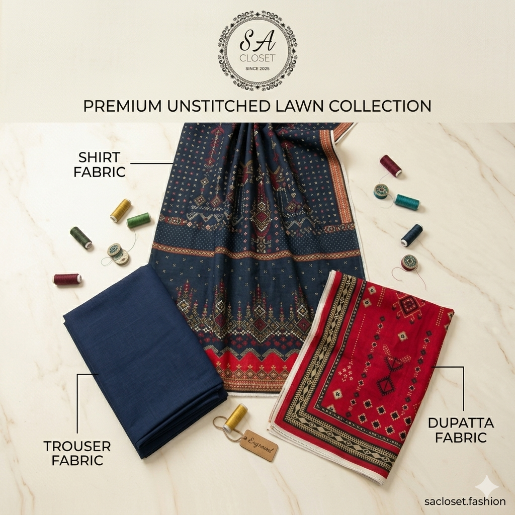 SA Closet Premium Unstitched Lawn Collection – 3 Piece Suit