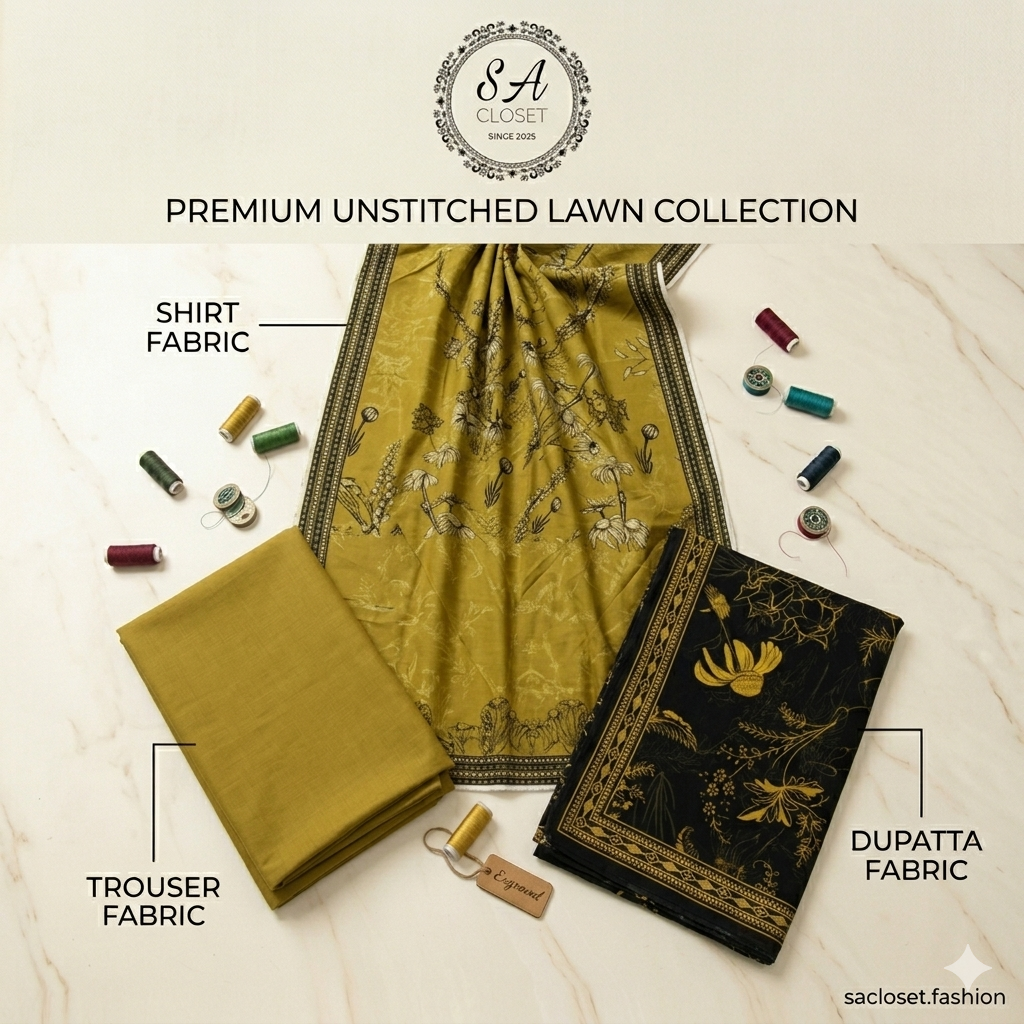 SA Closet Premium Unstitched Lawn Collection – 3 Piece Suit