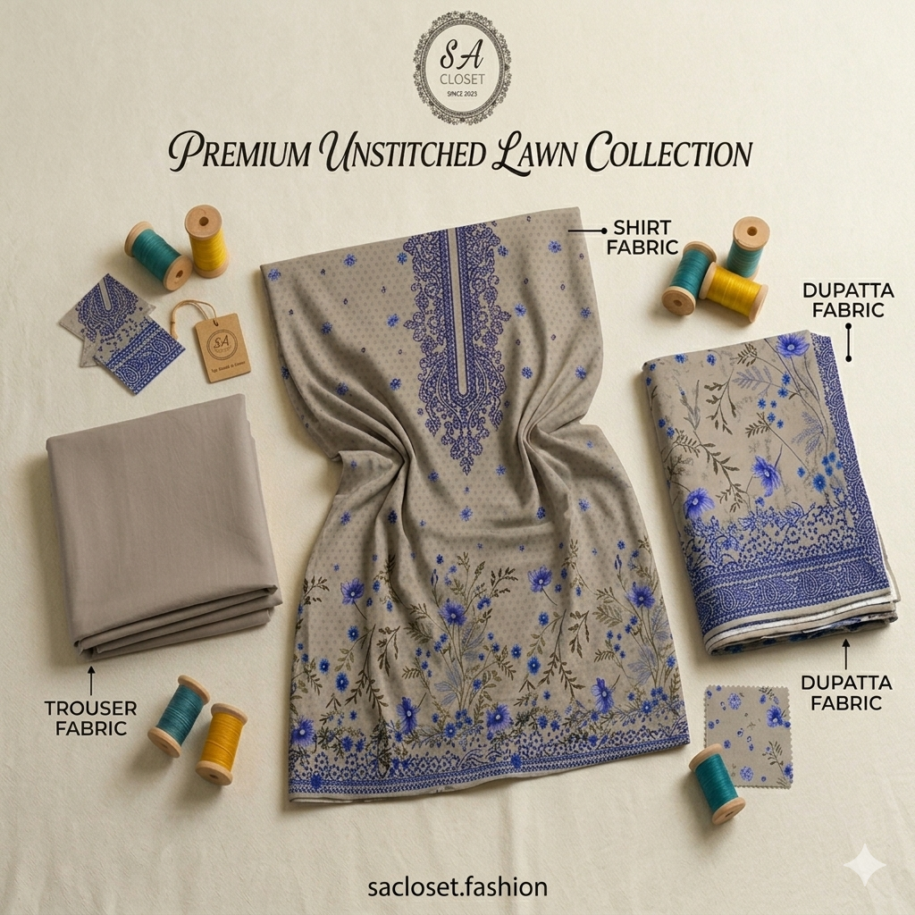SA Closet Premium Unstitched Lawn Collection – 3 Piece Suit