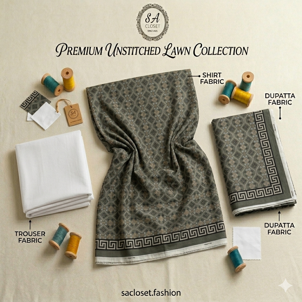 SA Closet Premium Unstitched Lawn Collection – 3 Piece Suit