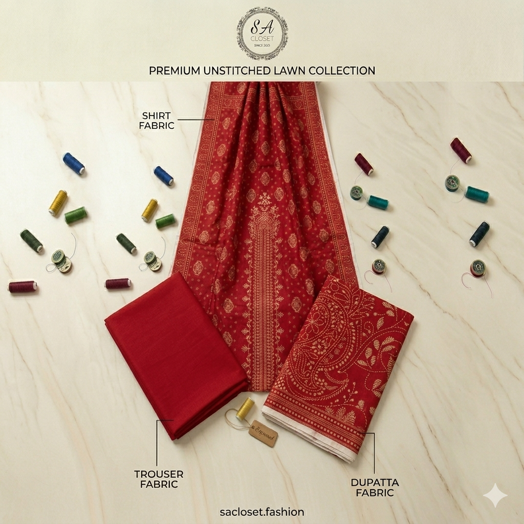 SA Closet Premium Unstitched Lawn Collection – 3 Piece Suit