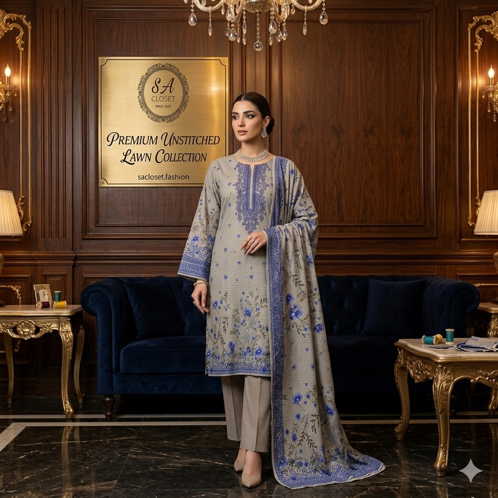 SA Closet Premium Unstitched Lawn Collection – 3 Piece Suit