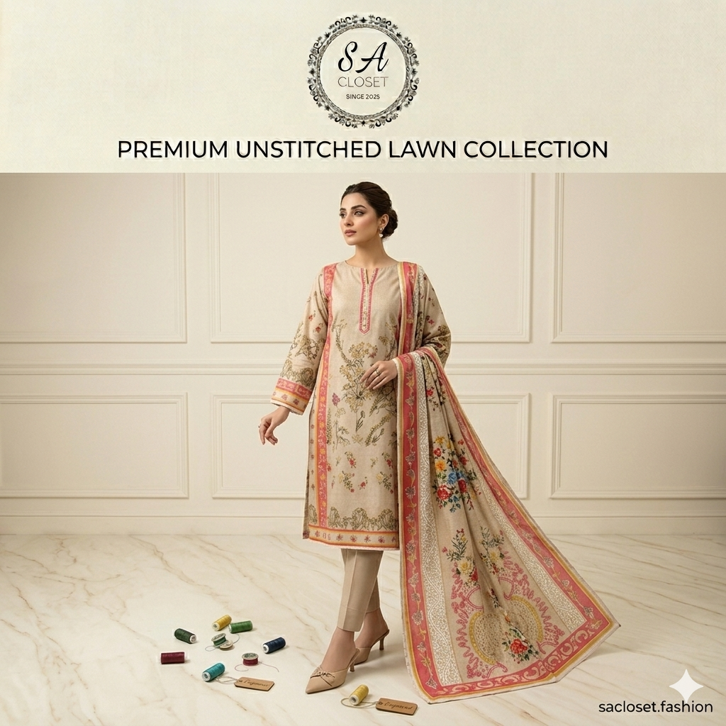 SA Closet Premium Unstitched Lawn Collection – 3 Piece Suit