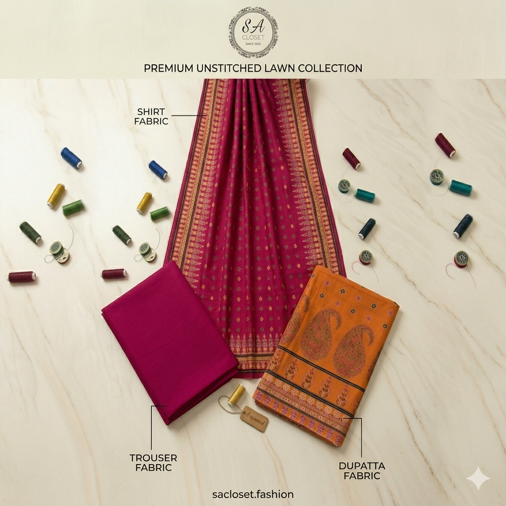 SA Closet Premium Unstitched Lawn Collection – 3 Piece Suit
