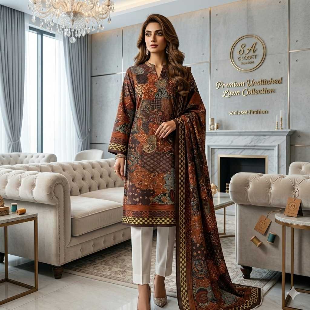 SA Closet Premium Unstitched Lawn Collection – 3 Piece Suit