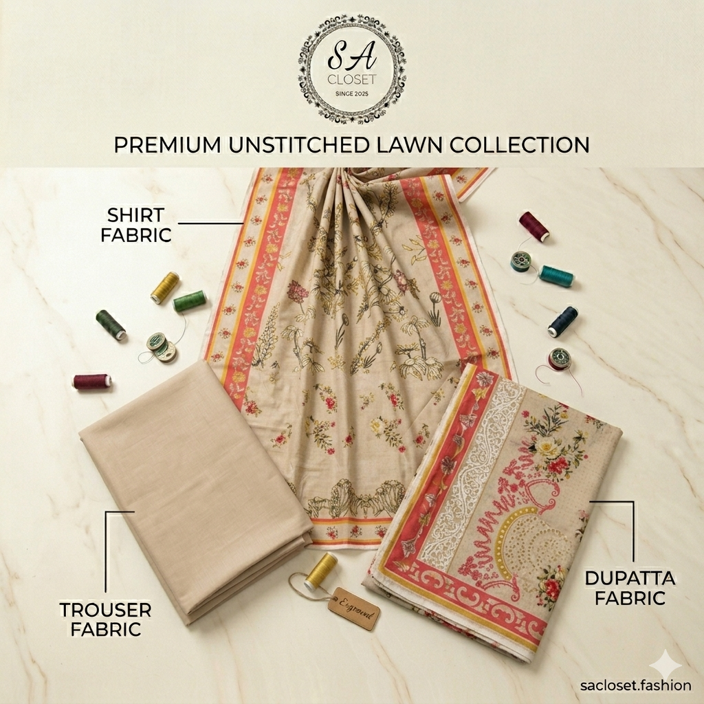SA Closet Premium Unstitched Lawn Collection – 3 Piece Suit