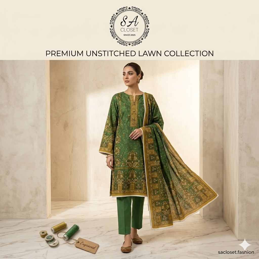 SA Closet Premium Unstitched Lawn Collection – 3 Piece Suit