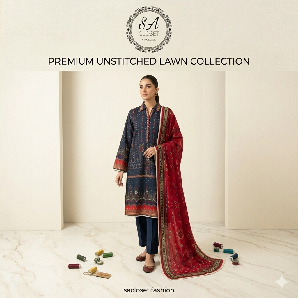 SA Closet Premium Unstitched Lawn Collection – 3 Piece Suit