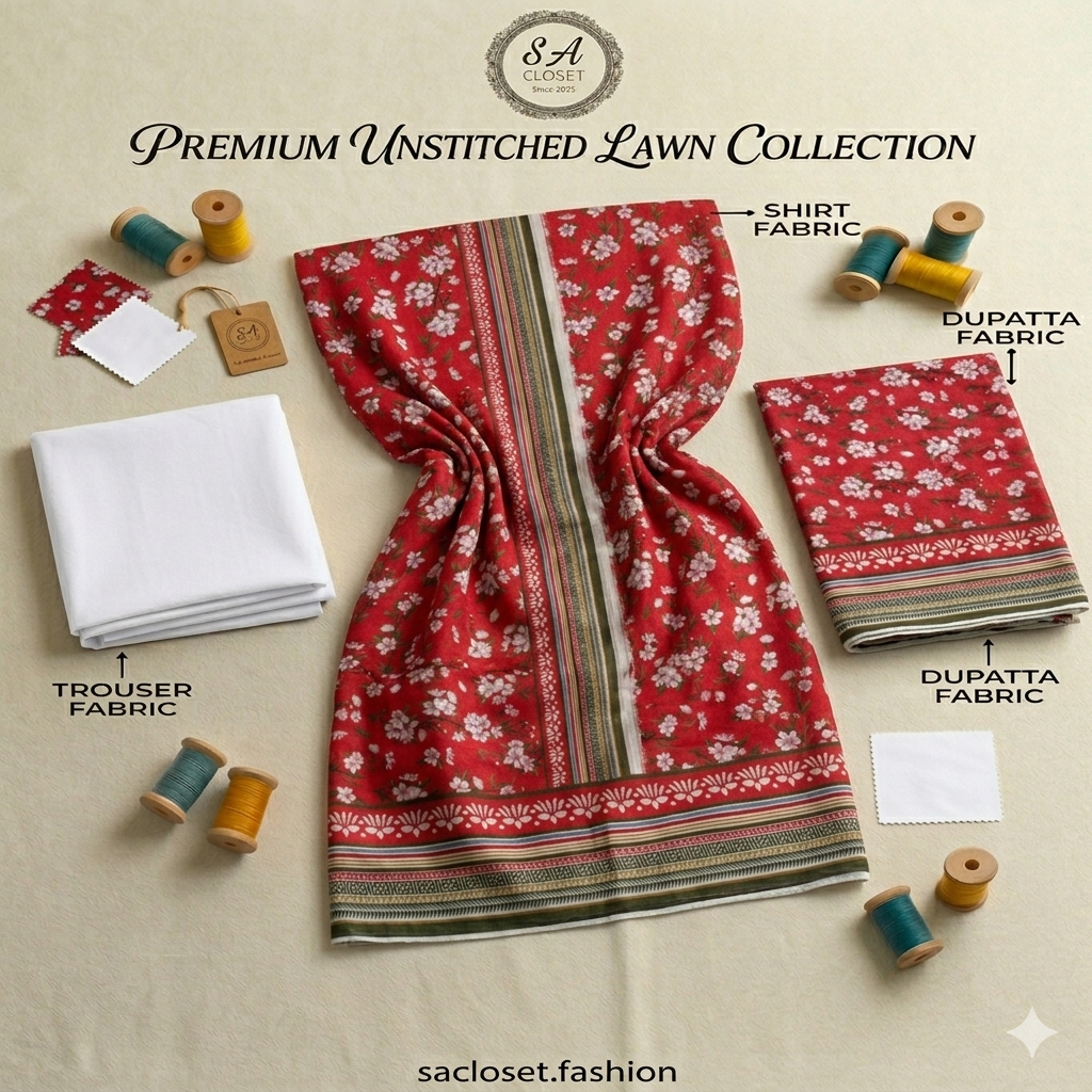 SA Closet Premium Unstitched Lawn Collection – 3 Piece Suit