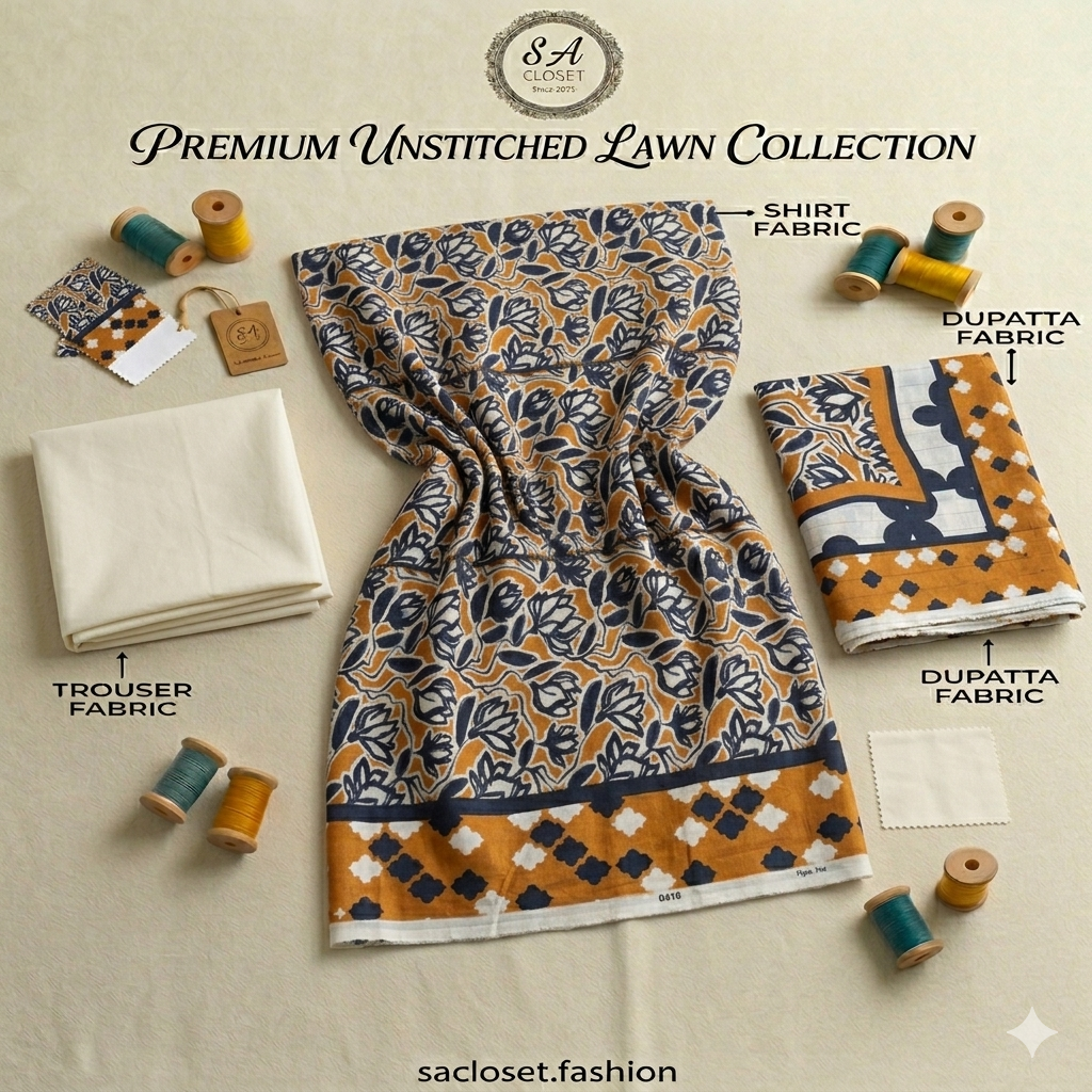 SA Closet Premium Unstitched Lawn Collection – 3 Piece Suit