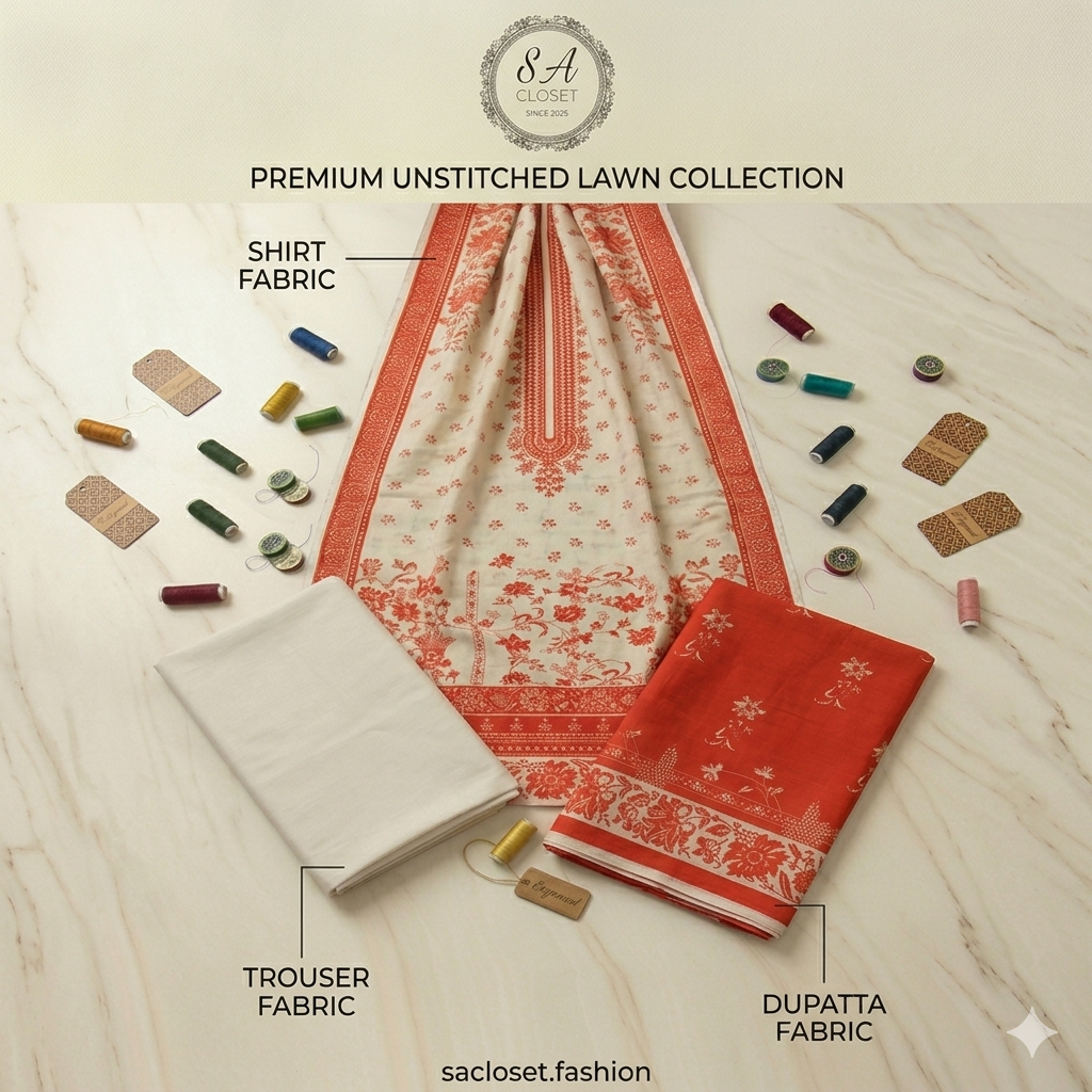 SA Closet Premium Unstitched Lawn Collection – 3 Piece Suit