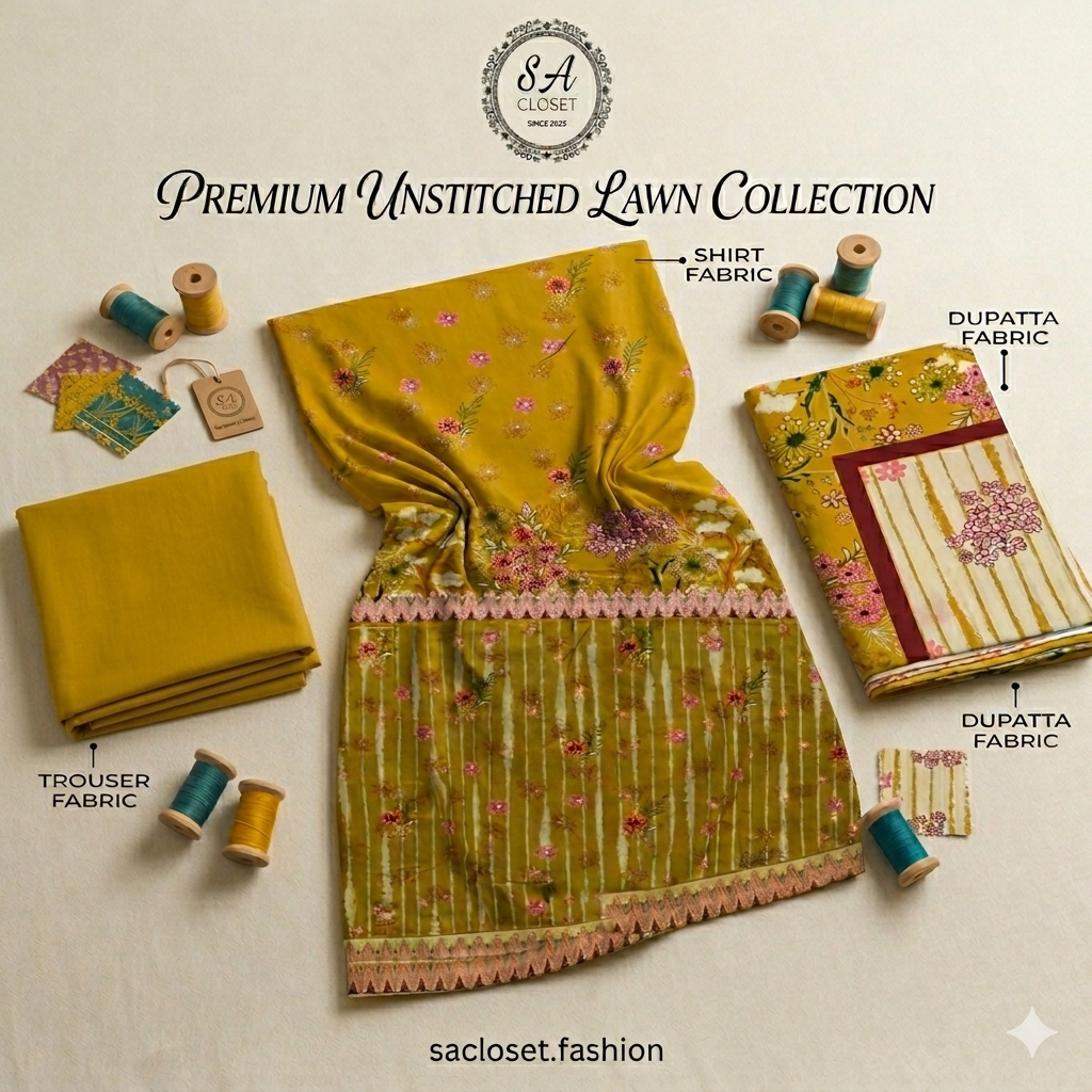 SA Closet Premium Unstitched Lawn Collection – 3 Piece Suit