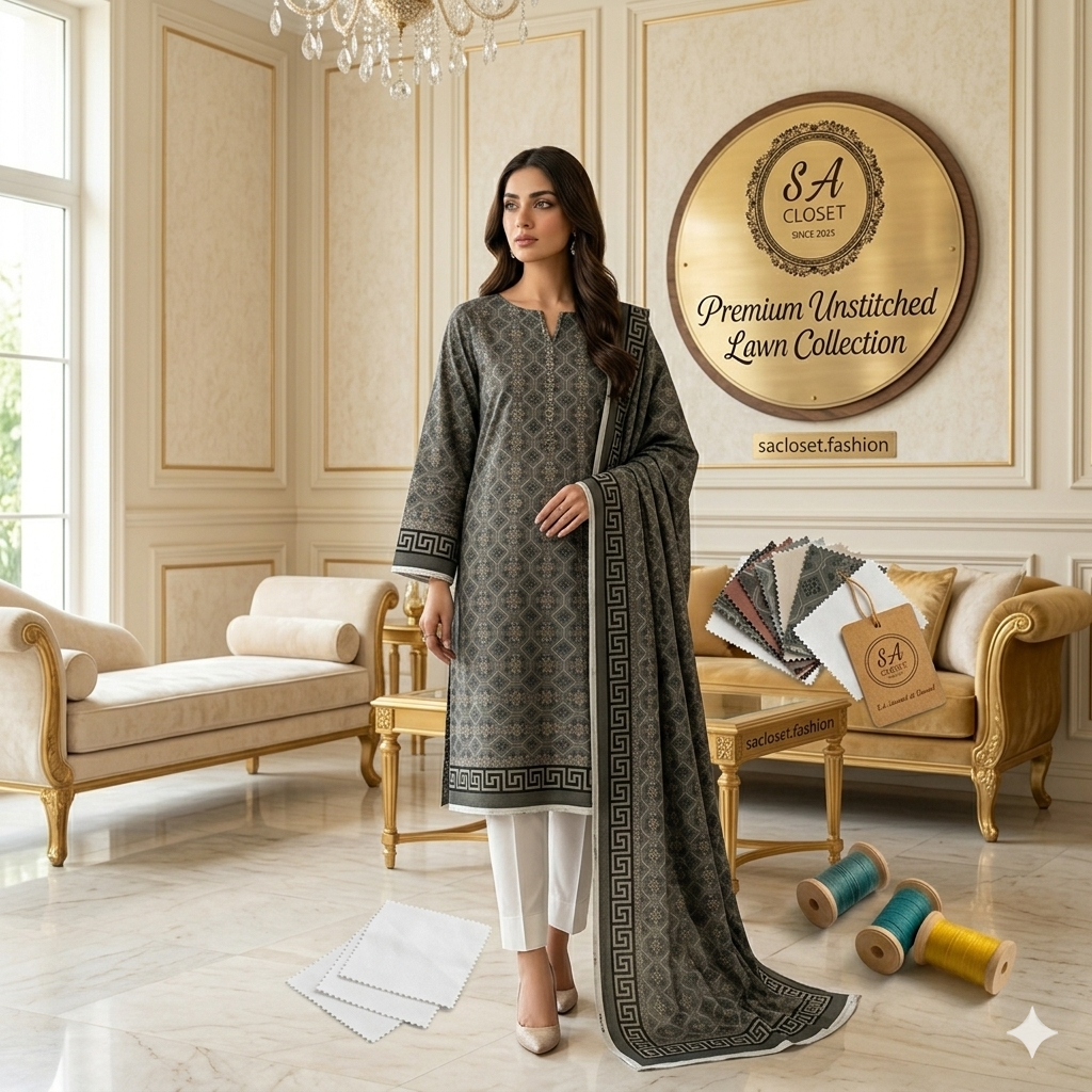 SA Closet Premium Unstitched Lawn Collection – 3 Piece Suit