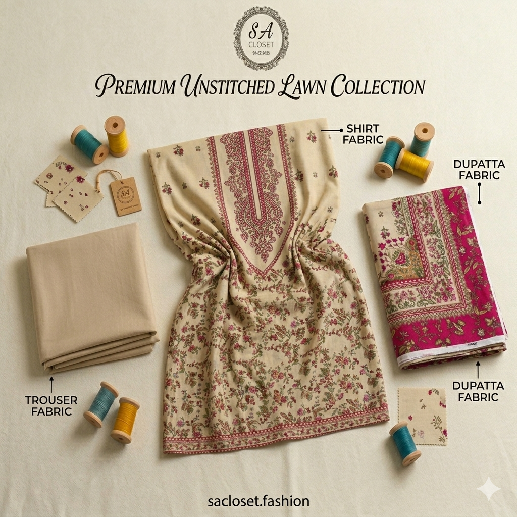 SA Closet Premium Unstitched Lawn Collection – 3 Piece Suit